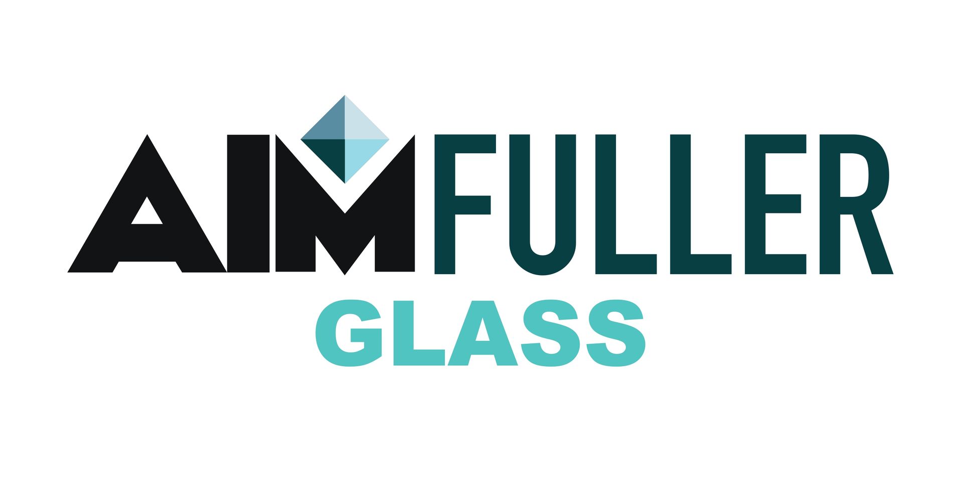 Logo for Aim Fuller Glass, with text and a geometric shape in teal, black, and white.