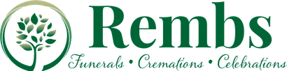 Logo for Rembs, a funeral home, featuring a green tree within a circle and the company name. Services listed below.