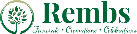 Logo for Rembs, a funeral home, featuring a green tree within a circle and the company name. Services listed below.