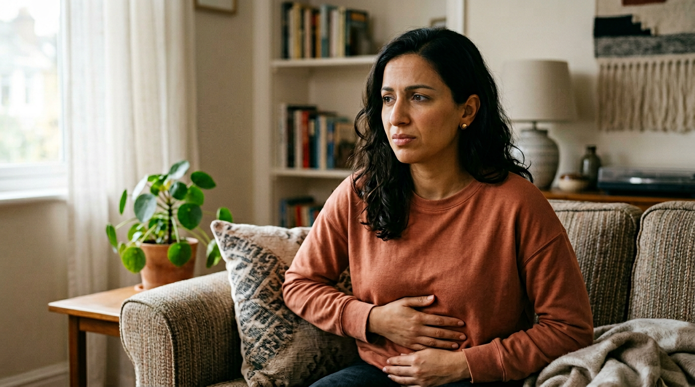 Woman sitting on a couch in a living room, holding her stomach with a concerned expression.