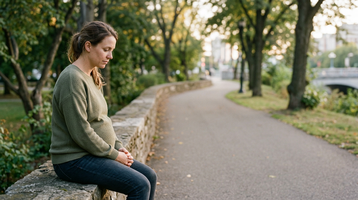 Woman sits on a stone bench along a tree-lined park path, looking down thoughtfully.