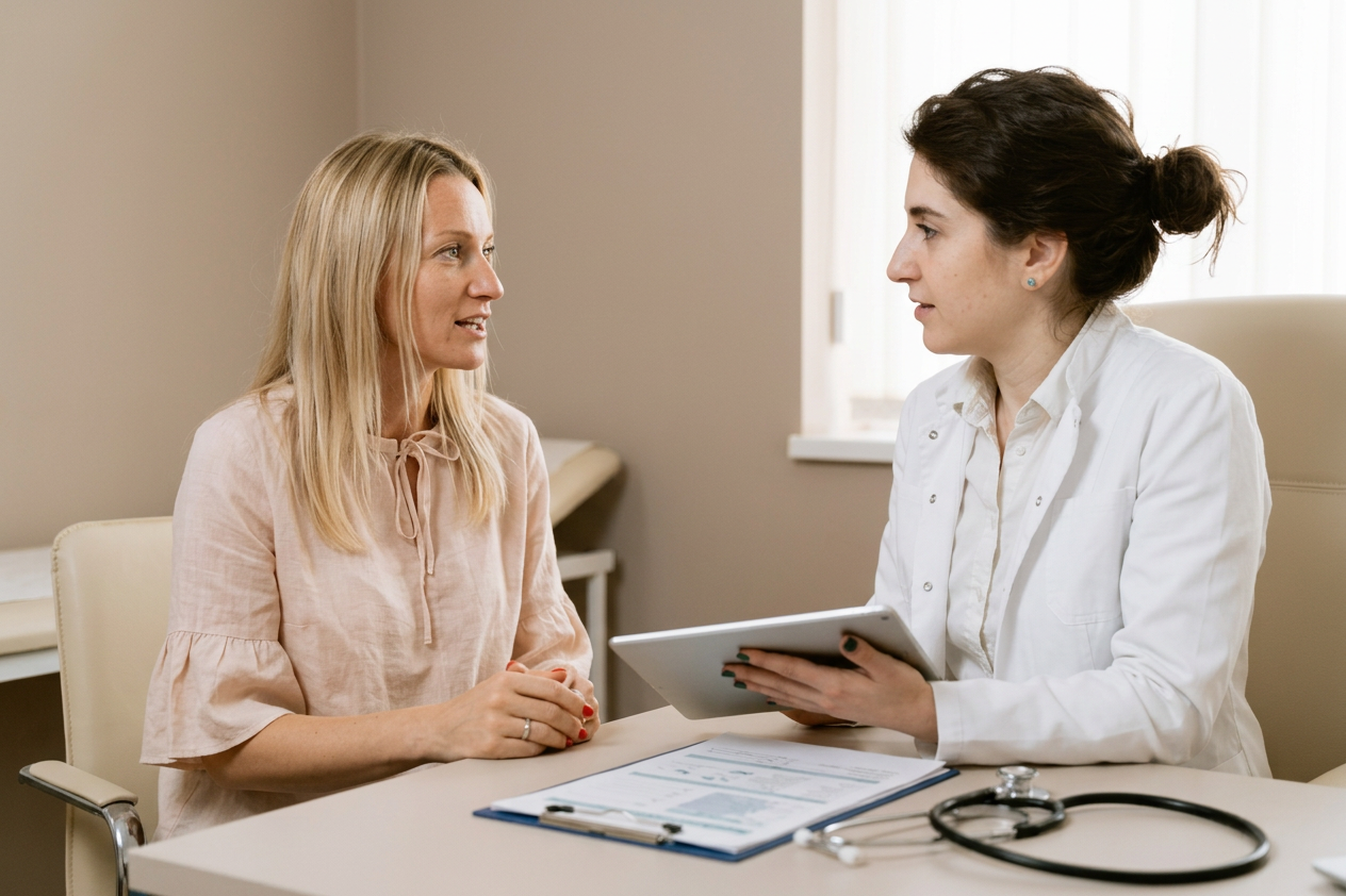Two women in a clinic discuss paperwork at a desk, one holding a tablet, with a stethoscope nearby.