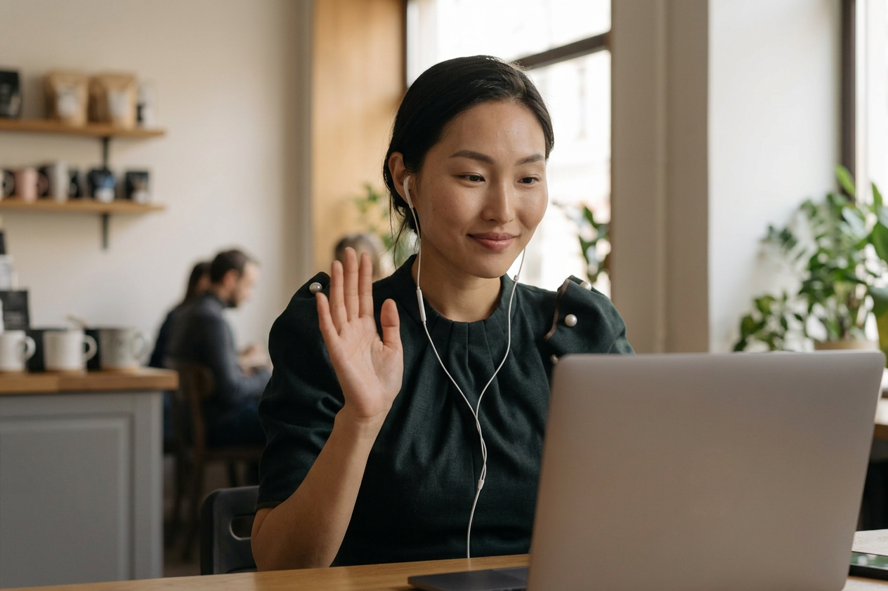 Person on a video call, smiling and waving from a café with a laptop.