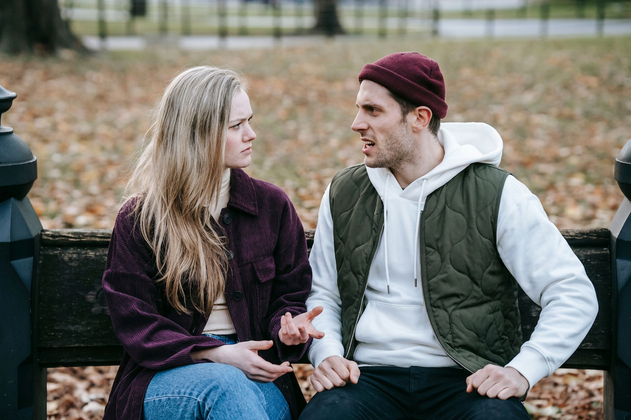 Two people sitting on a park bench, facing each other and talking in an autumn park