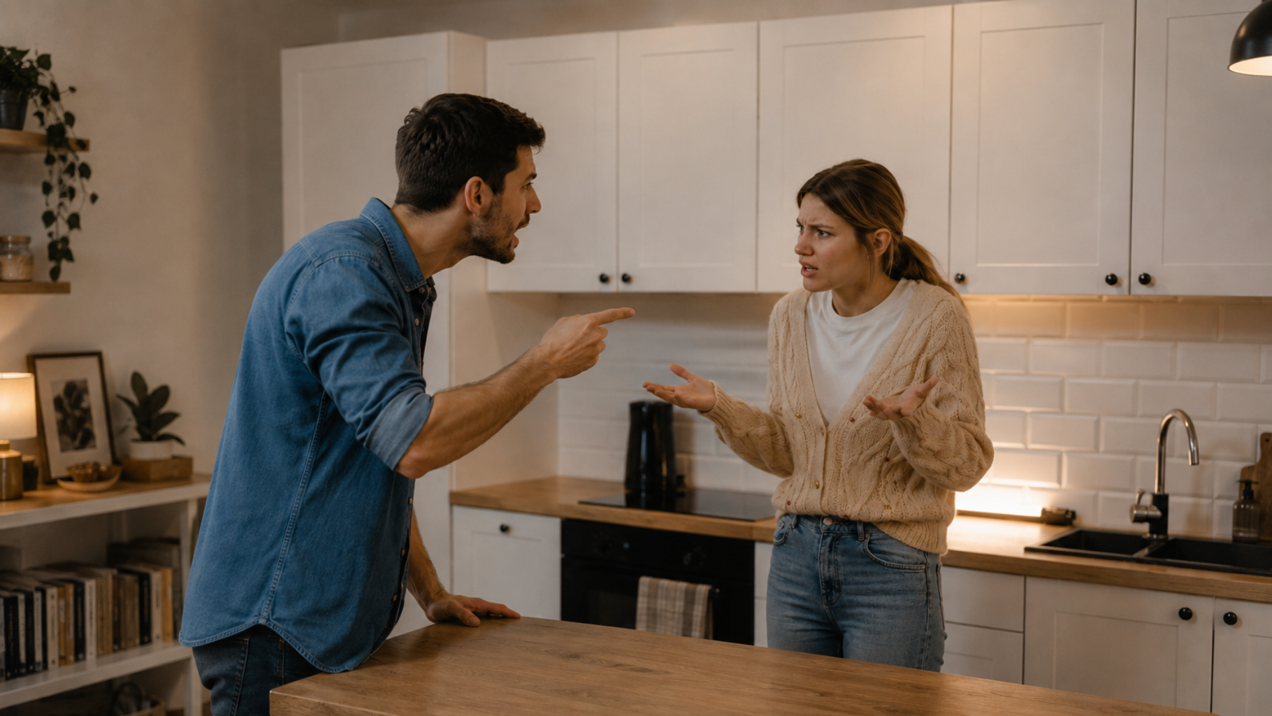 Two people arguing in a kitchen, facing each other by a wooden island.