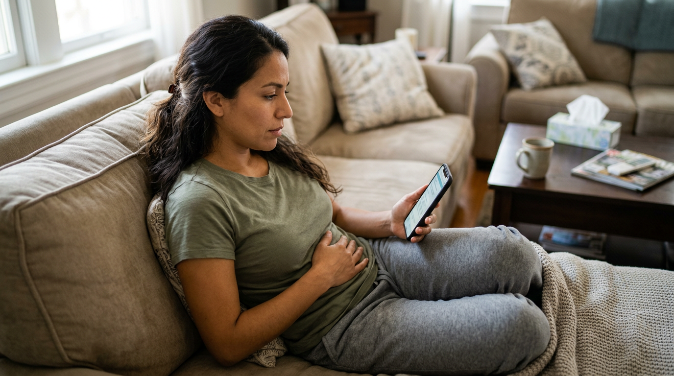Person lounging on a couch, looking at a phone beside a tissue box on the armrest.