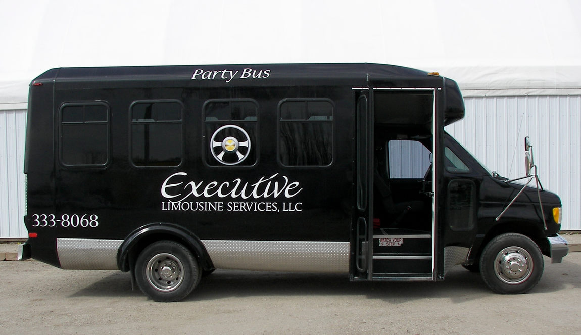 A black van with the word executive on the side