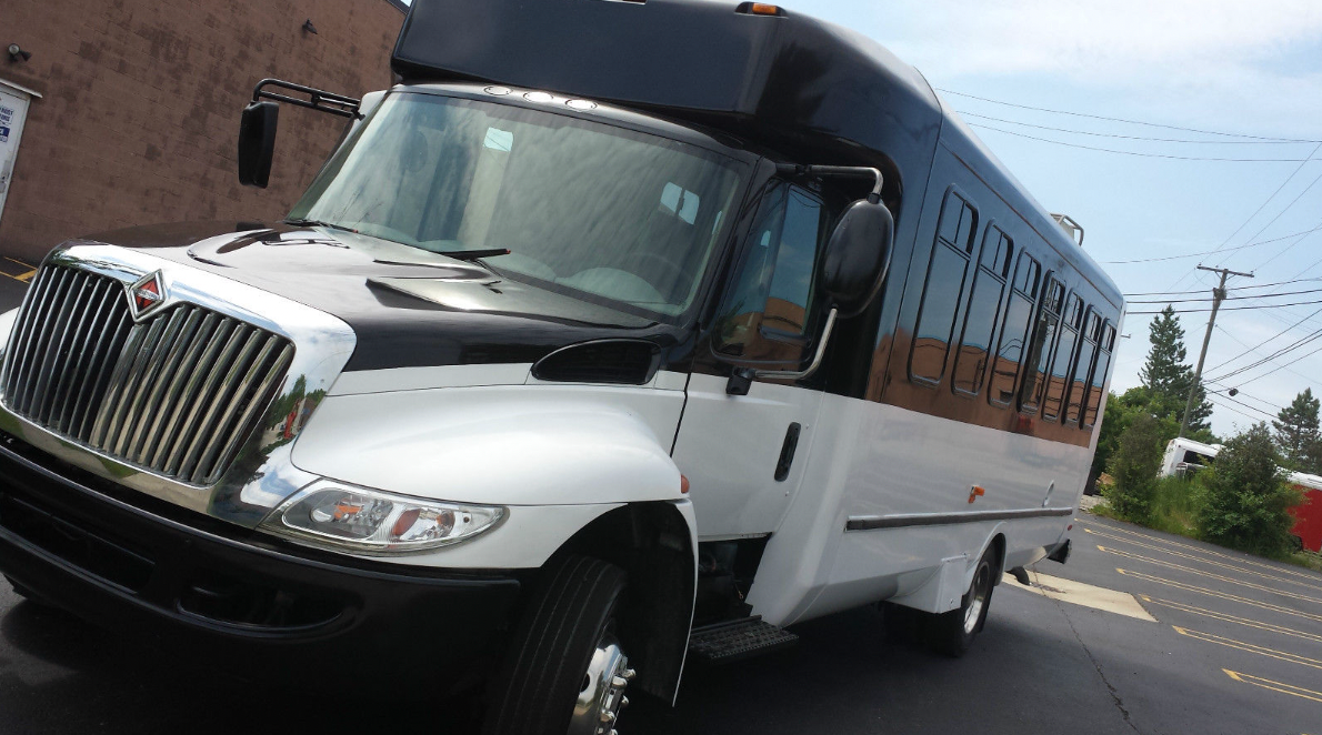 A white and black bus is parked on the side of the road.