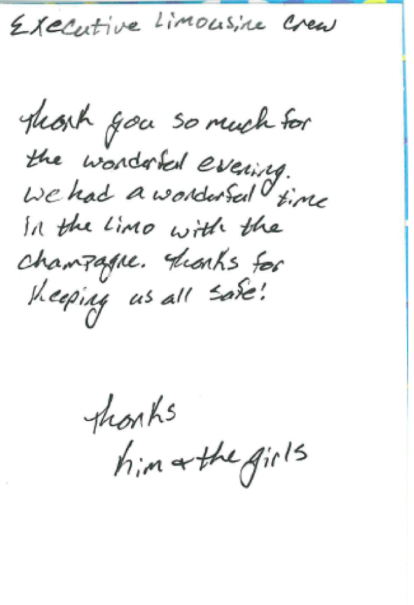 A thank you note from the executive limousine crew