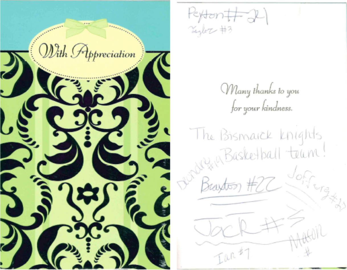 A green and black greeting card that says with appreciation