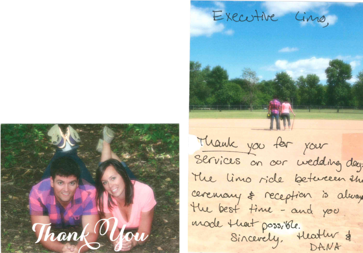 A thank you card with a picture of a man and woman