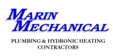 Marin Mechanical logo in blue italic text with “Plumbing & Hydronic Heating Contractors” beneath it