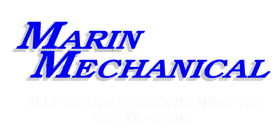 Marin Mechanical logo in blue italic text with a faint white tagline below