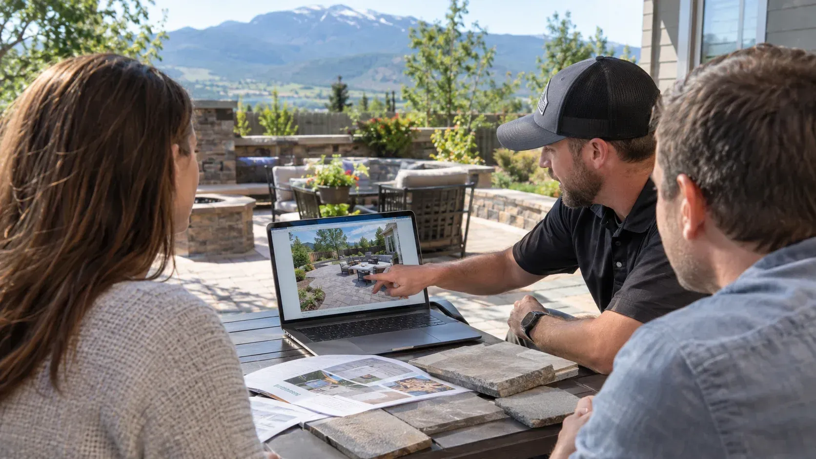 Homeowners discussing a backyard patio budget in Darby, MT.