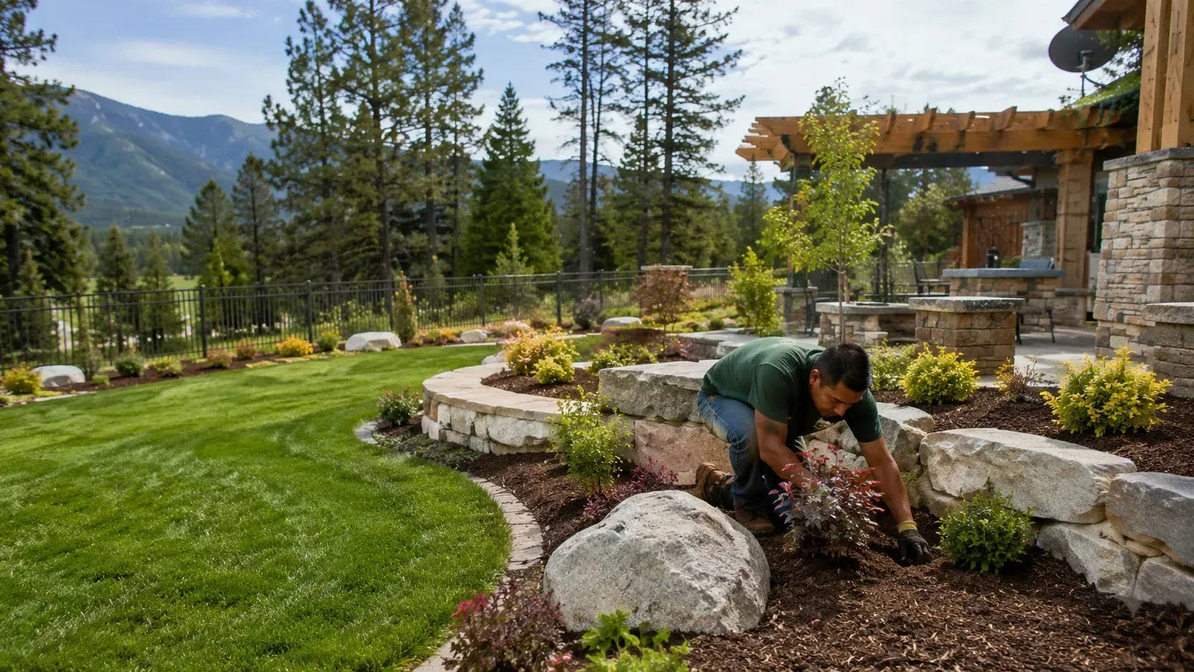 Landscaping contractors installing stone retaining walls and plants in a mountain backyard garden.