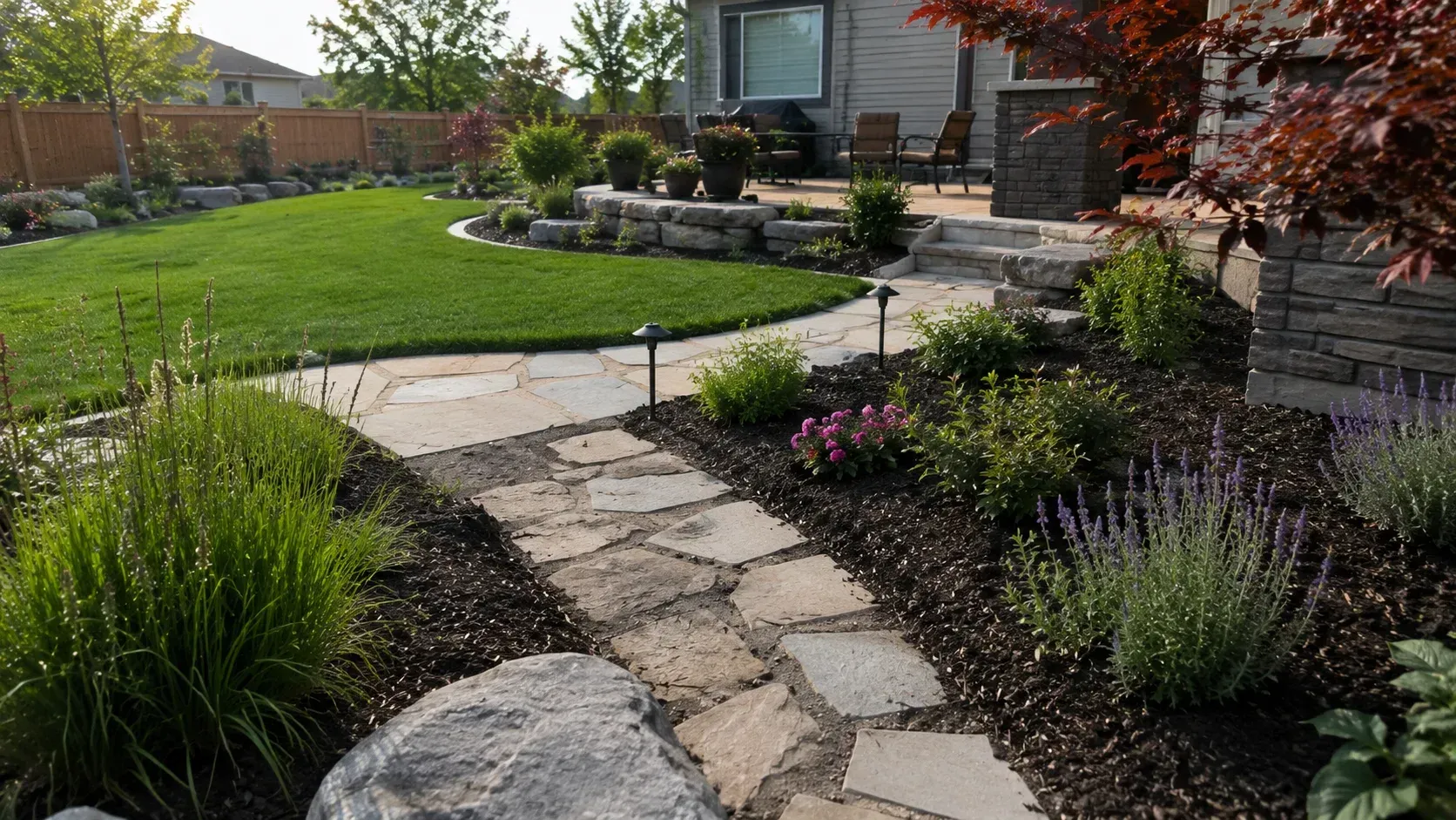 Lush green yard and stone walkway design featured by a professional landscaping company.