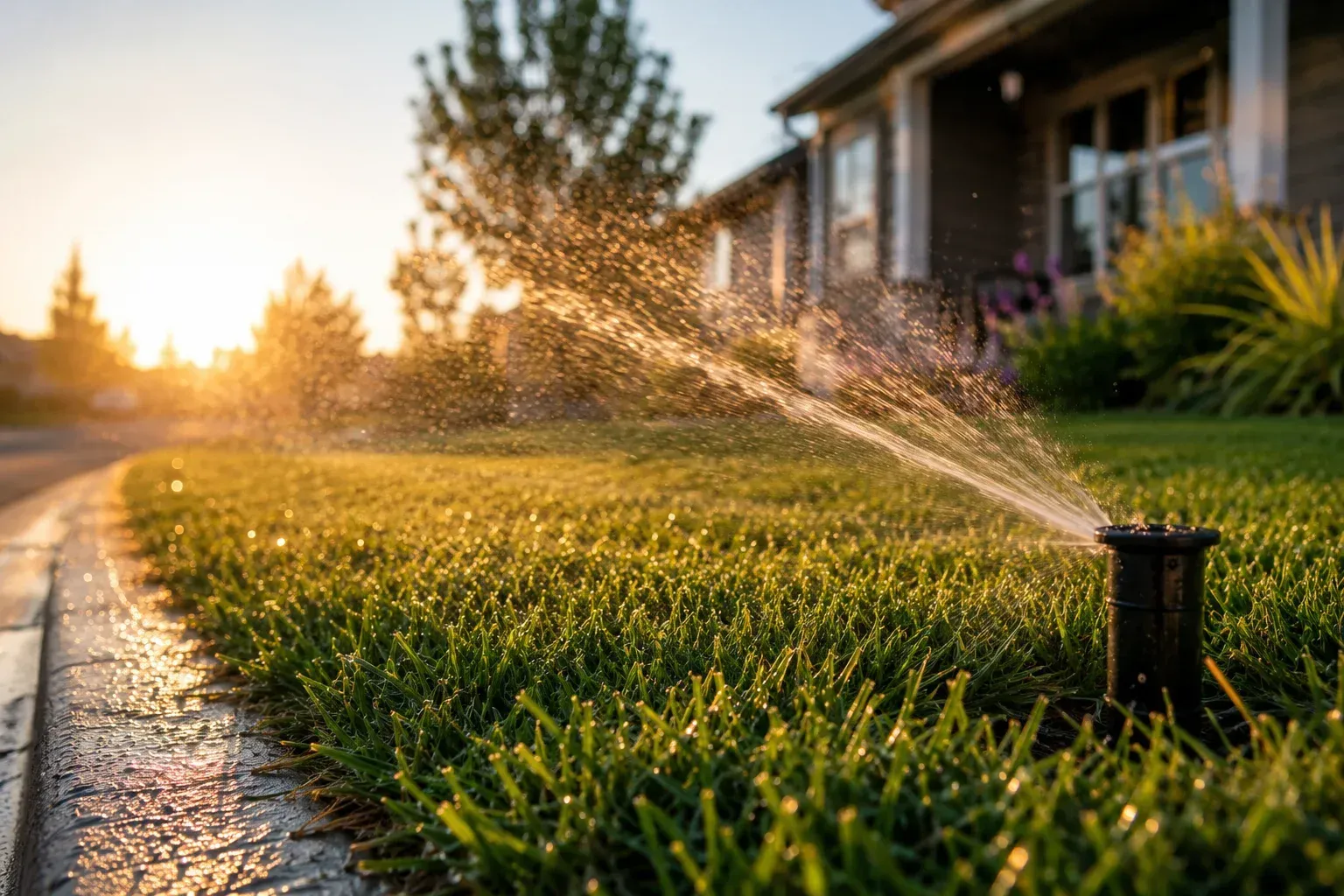 Sprinkler watering a yard: how often should you water your lawn.