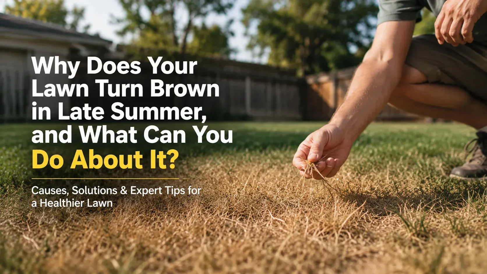 Graphic text explaining why your lawn turns brown in late summer over a green yard.