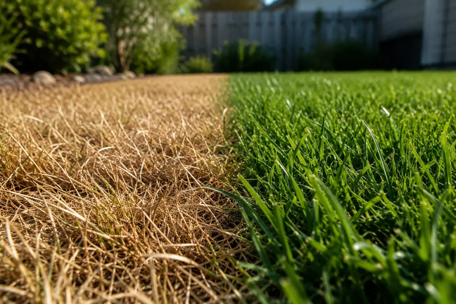 Side-by-side comparison of why your lawn turns brown in late summer.