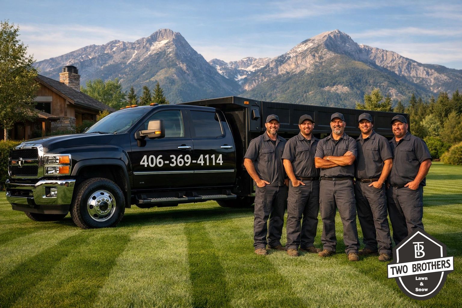 Five people in matching uniforms stand before a black truck on a lawn, with mountains in the background and a company logo.