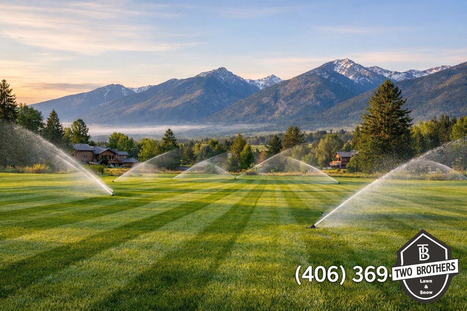 Lush green lawn with striped grass being watered by sprinklers, backed by misty mountains and trees at sunrise.