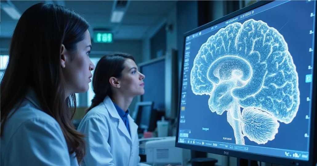 Two women in lab coats examining a brain scan on a large monitor in a lab.
