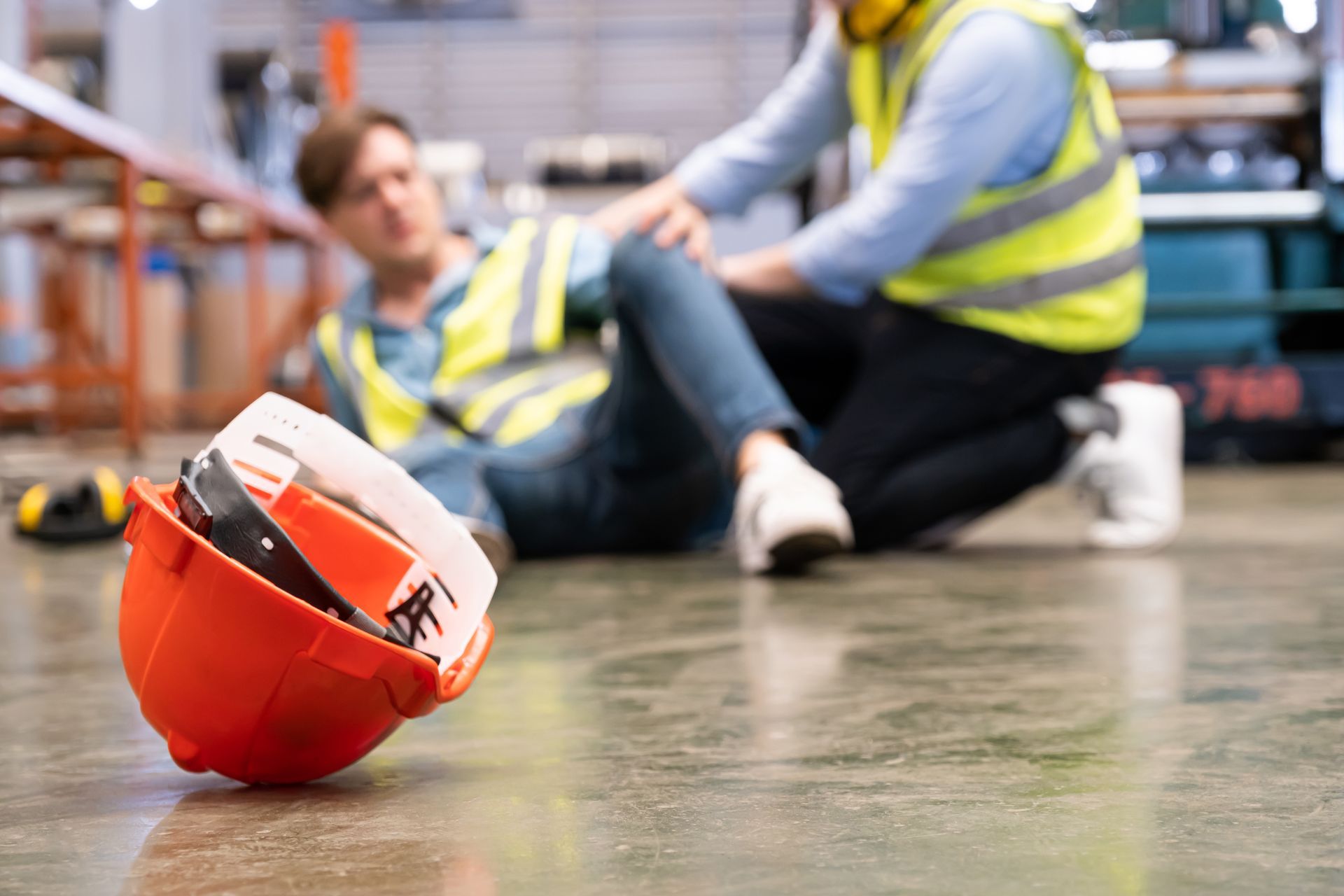 one employee helping another on the ground holding leg in pain