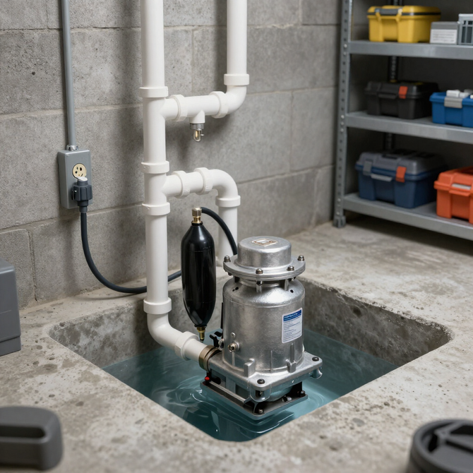 Submersible pump in a flooded utility pit with white PVC pipes and a gray tiled wall