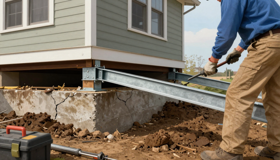 House being lifted by steel beams while a worker in blue shirt adjusts supports beneath it.