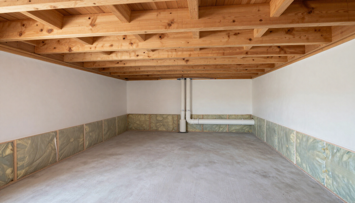 Empty basement with exposed wooden ceiling beams, concrete floor, and exposed pipes along the back wall