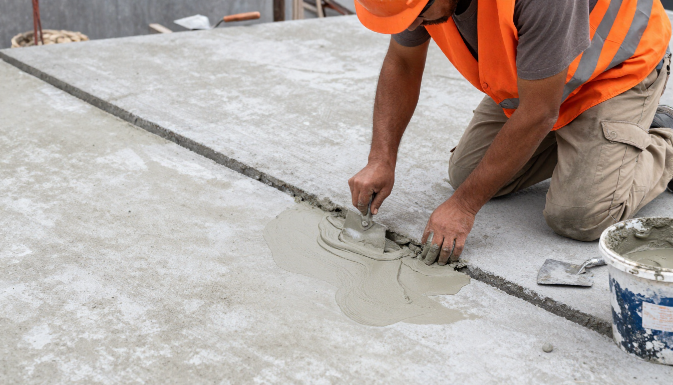 Construction worker smoothing wet concrete seam with trowel on a slab, wearing orange safety vest and hard hat