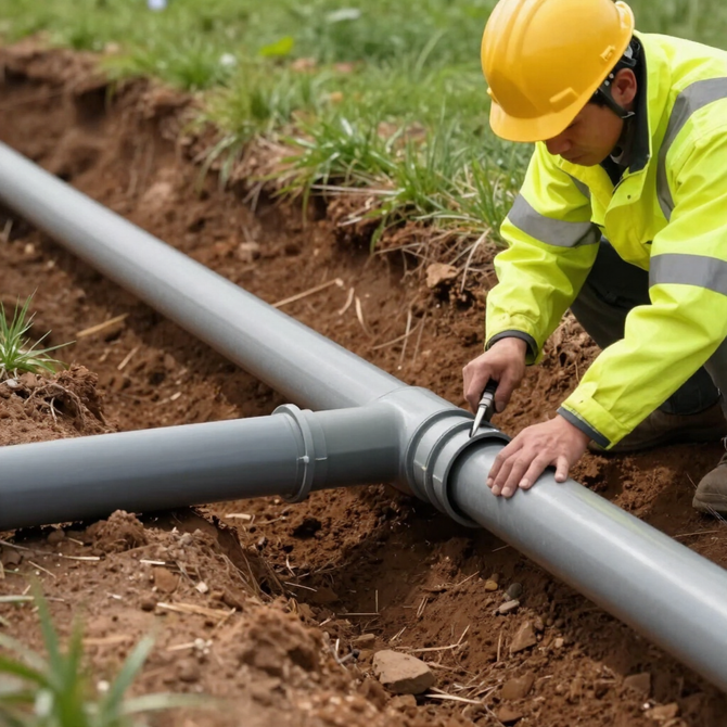 Worker in yellow hard hat connecting gray pipes in a trench outdoors