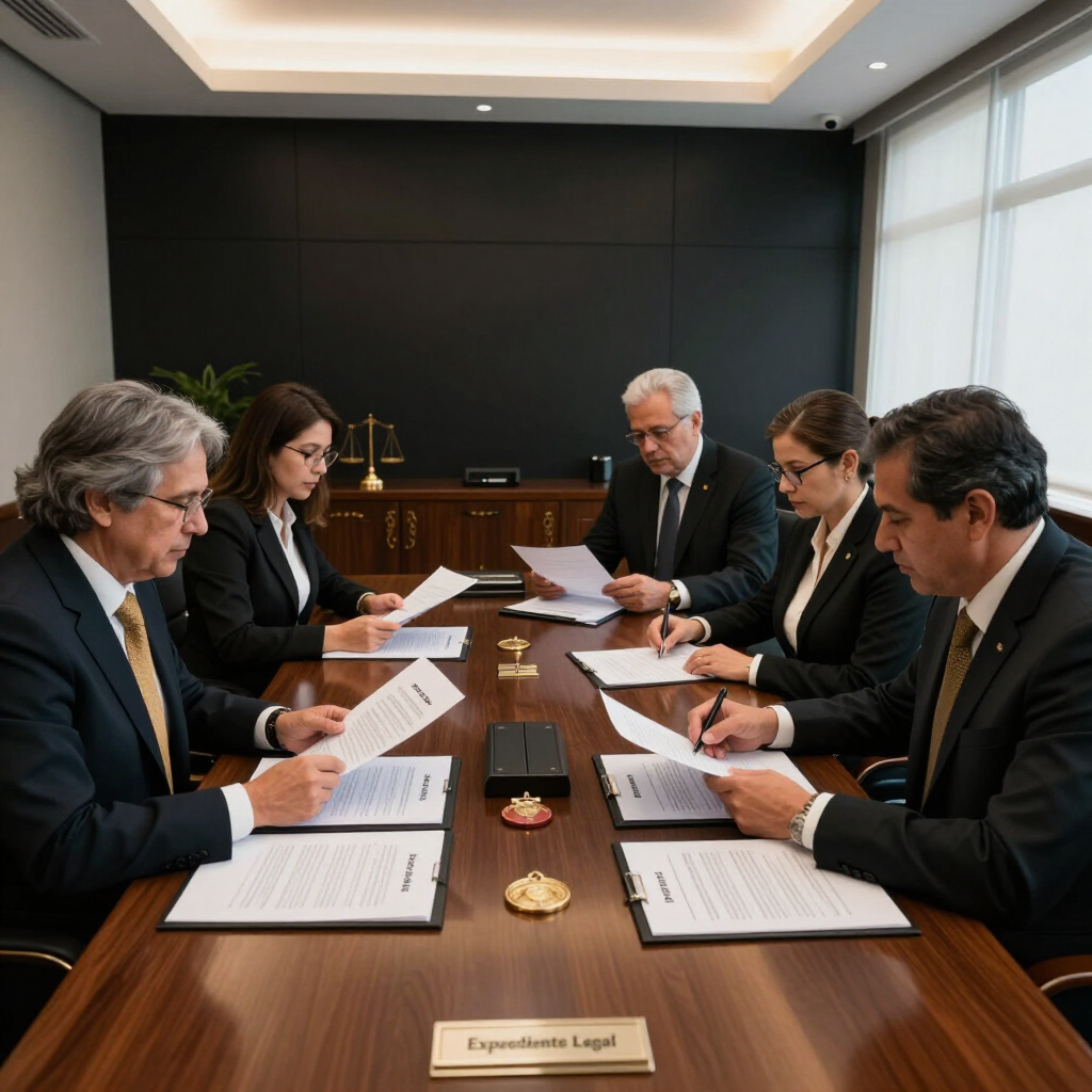 Cinco personas vestidas de traje revisan documentos alrededor de una mesa de conferencias en una moderna sala de reuniones.