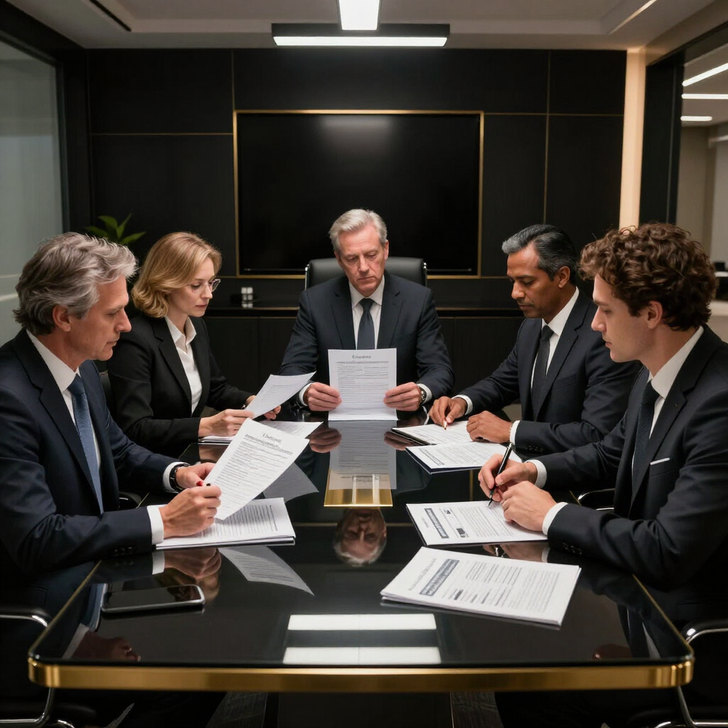 Seis empresarios revisan documentos alrededor de una mesa de conferencias en una moderna sala de juntas.