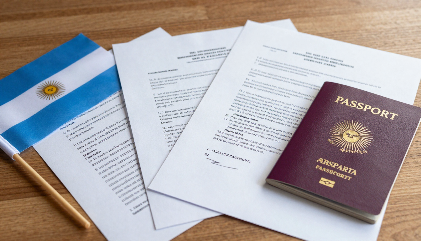 Pasaporte argentino junto a otros documentos y un documento azul y blanco sobre un escritorio de madera.