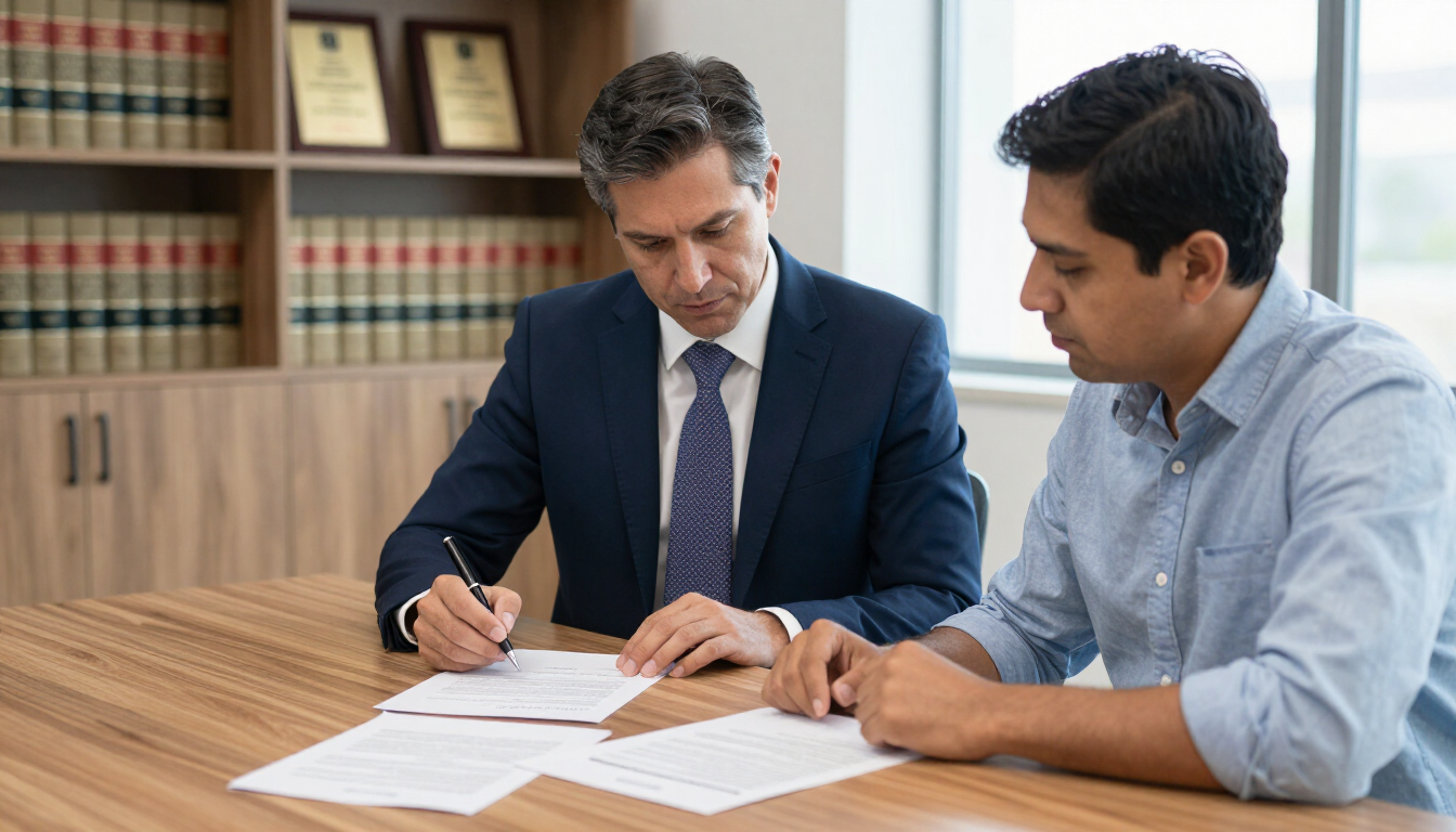 Dos hombres revisando documentos en una mesa de madera en la biblioteca de una oficina.