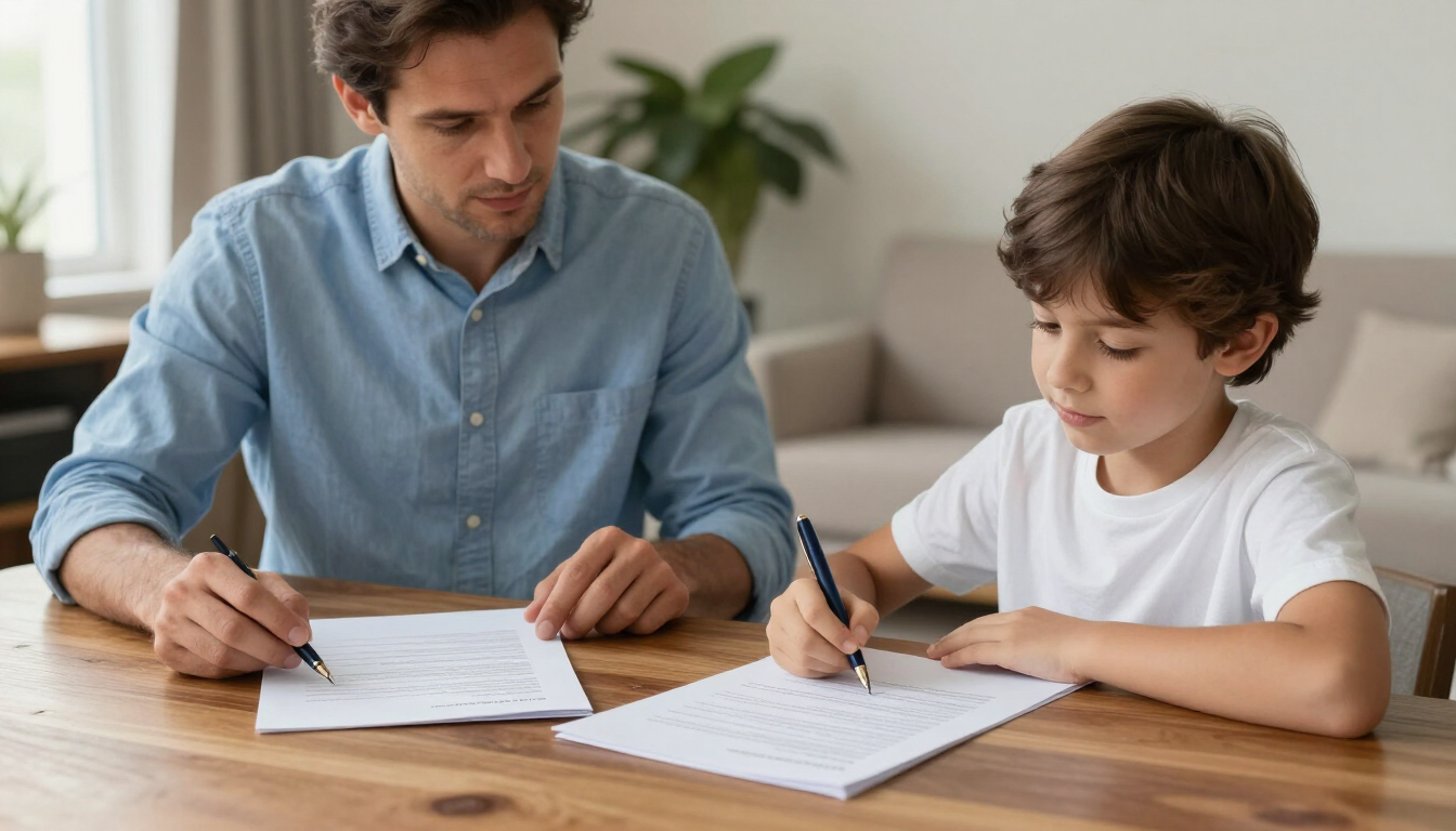 Un hombre y un niño sentados a una mesa de madera, escribiendo juntos en papeles en una habitación luminosa.