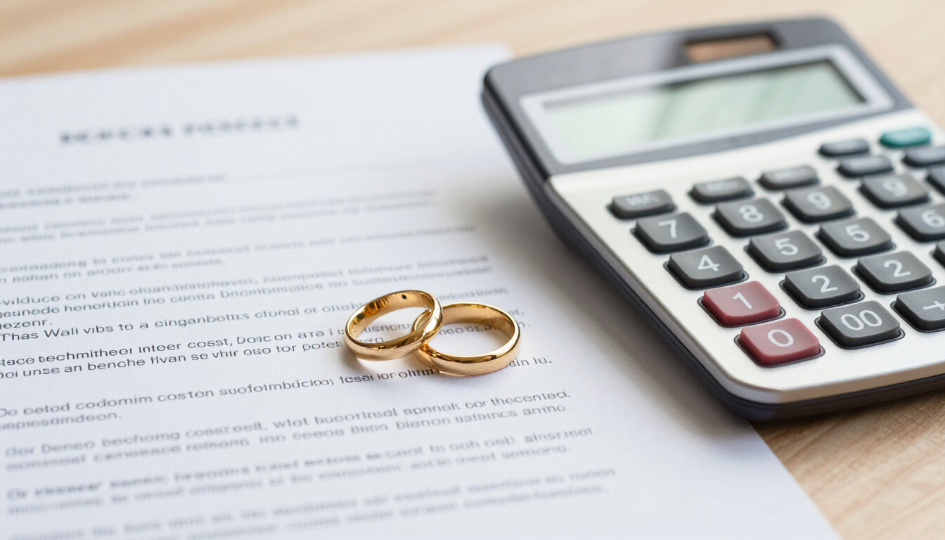 Anillos de boda sobre papeles junto a una calculadora en un escritorio.