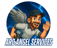 Smiling electrician with wings and a meter, in front of lightning, company logo 