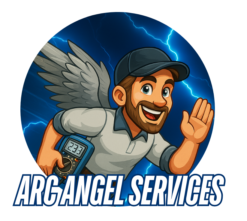 Cartoon man with angel wings holding a multimeter, background with lightning bolts. Text: Arc Angel Services.