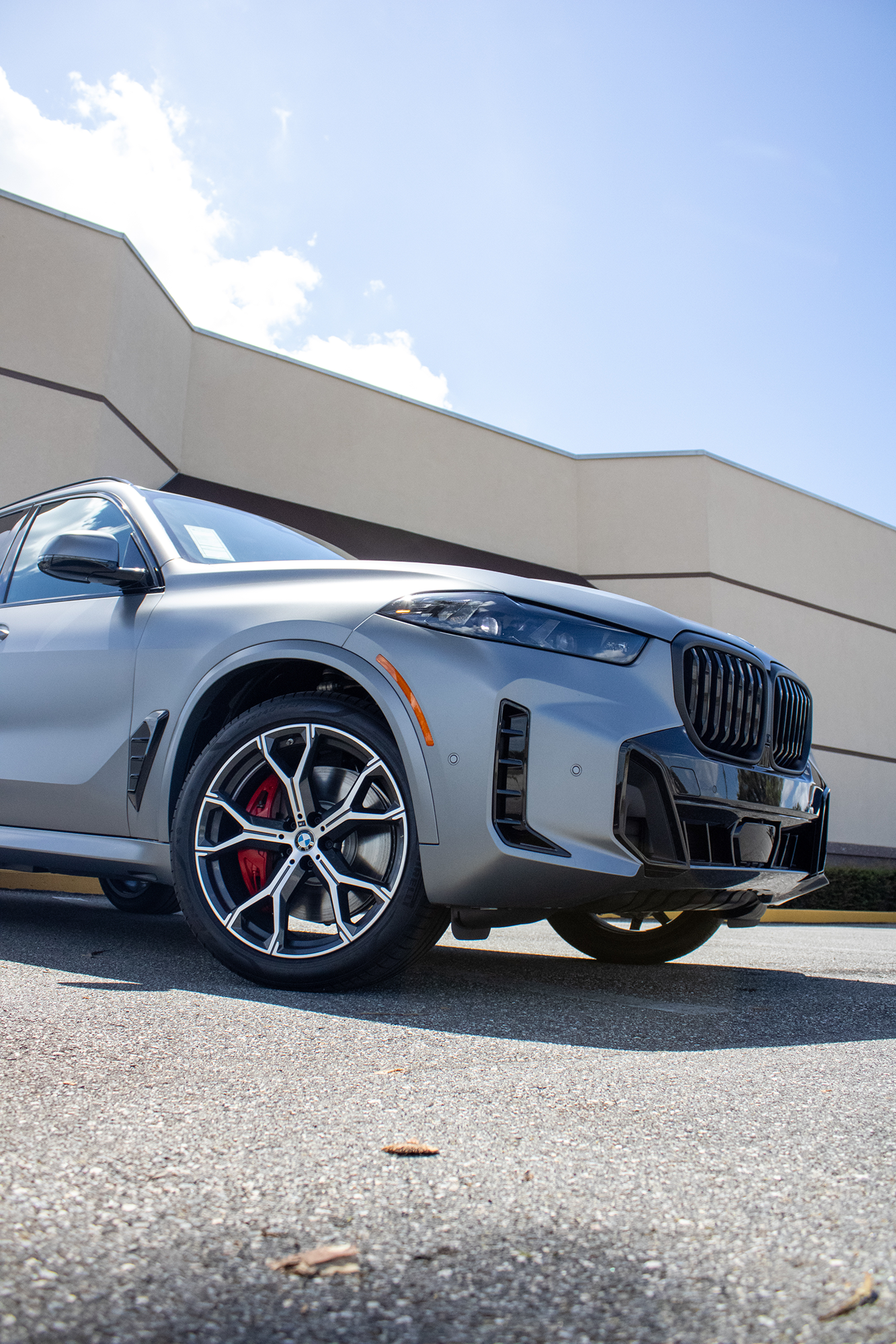 Silver BMW SUV parked outdoors under a bright blue sky