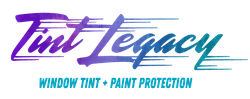 Tint Legacy logo with purple script and teal “Window Tint + Paint Protection” tagline