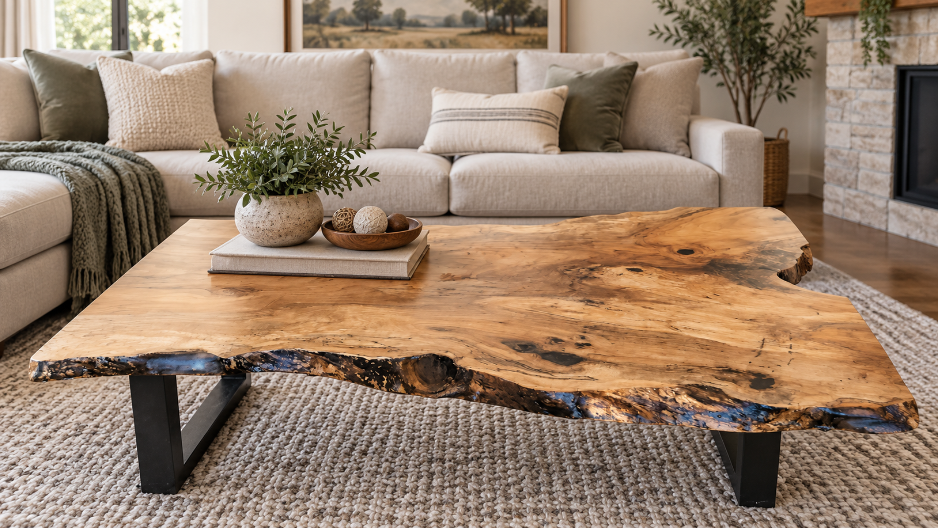 Live-edge wooden coffee table in a cozy living room with beige sofas and woven rug