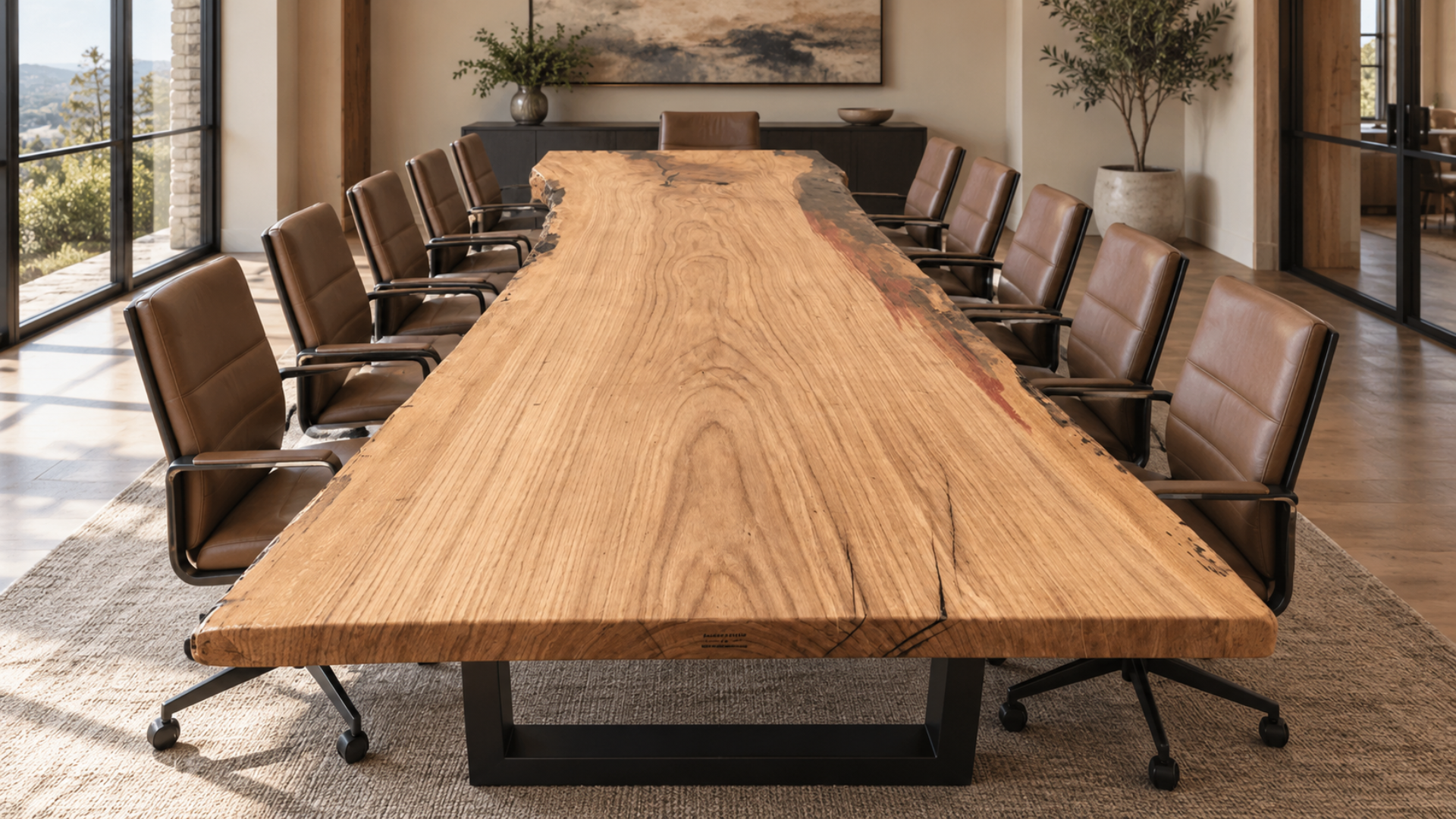 Modern conference room with a long wooden table and brown chairs around it