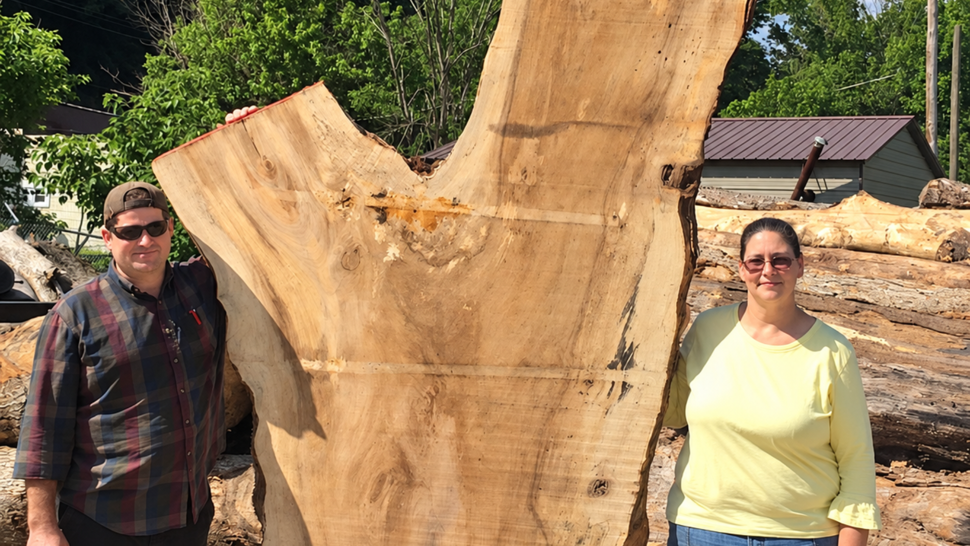Two people standing beside a large cut tree trunk outdoors on a sunny day, work of Specialty Slabwood Creations