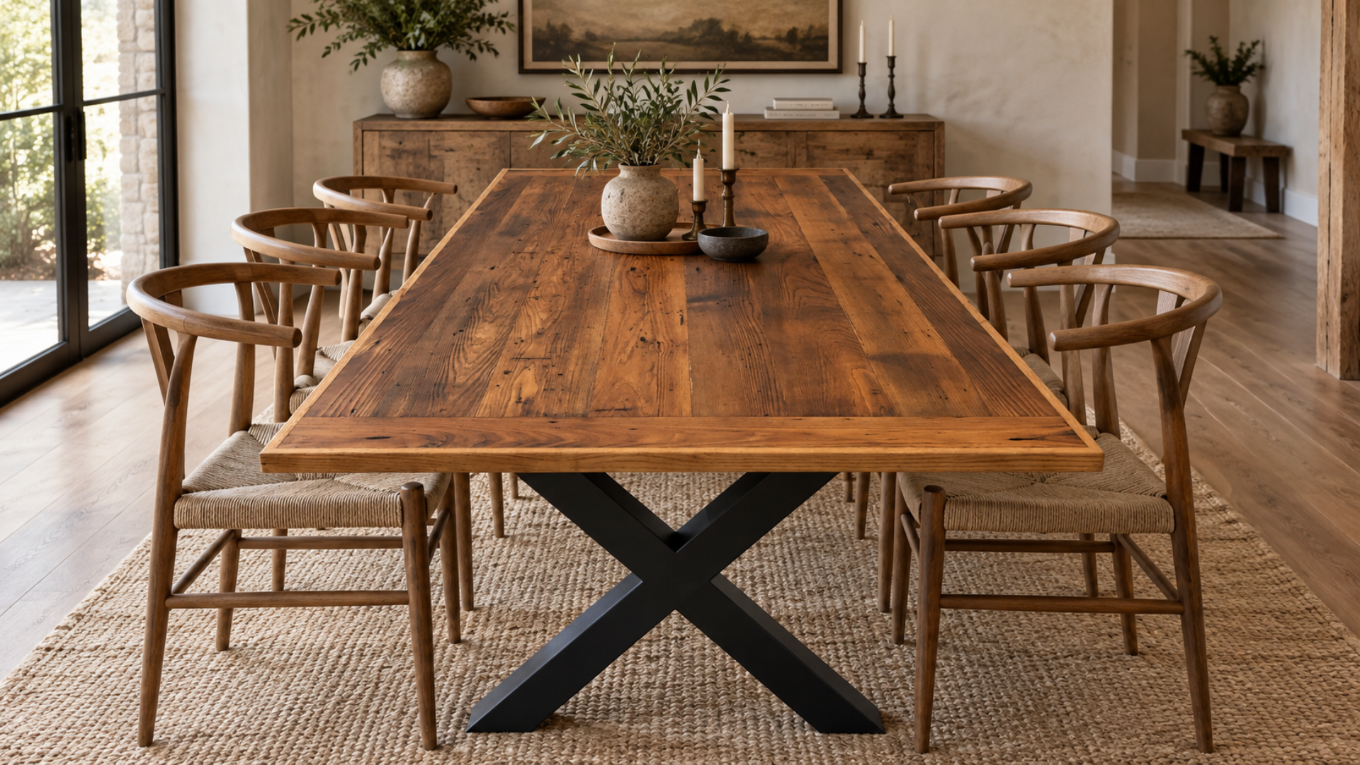 Rustic wooden dining table with black legs, surrounded by chairs in a bright, neutral dining room.