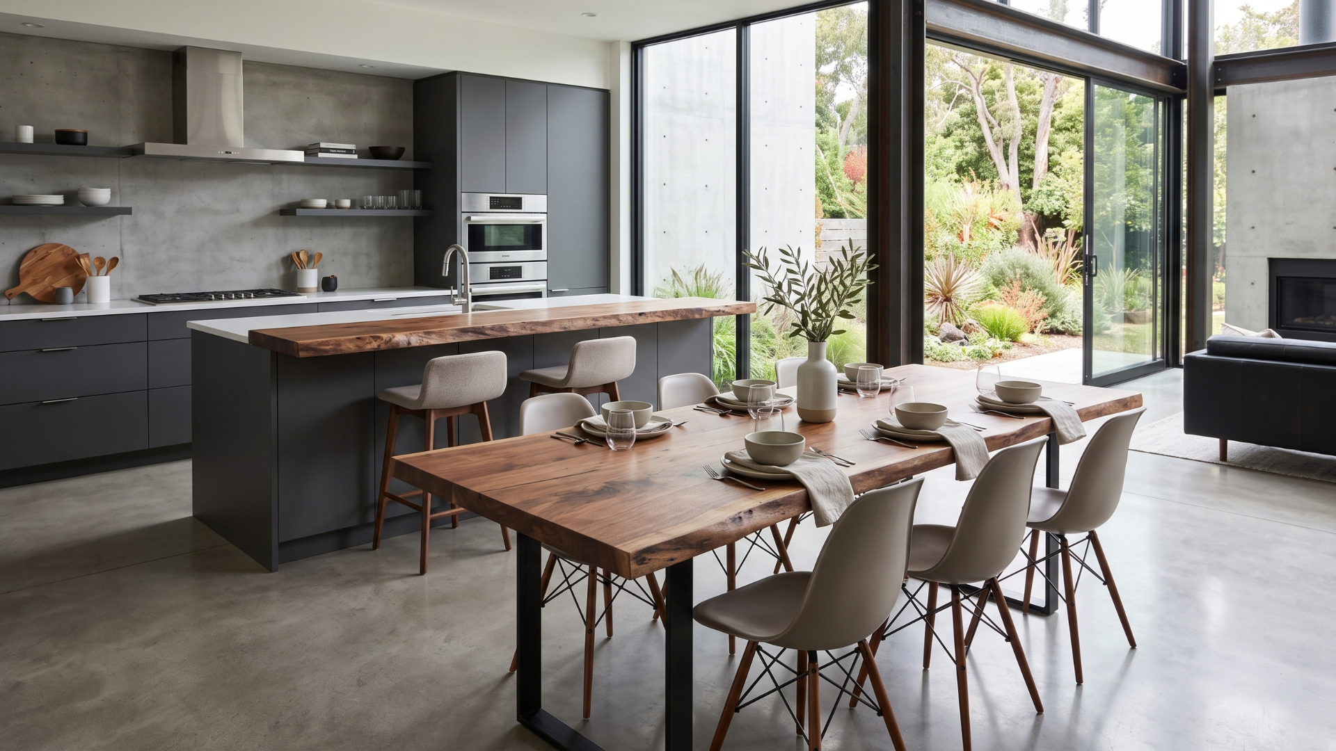 Modern open kitchen and dining area with wood table, island, and large windows overlooking greenery