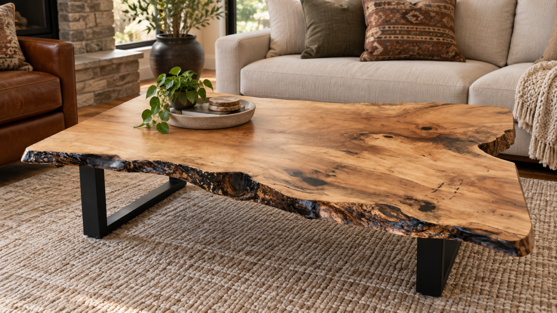 Live-edge wooden coffee table with black metal legs in a cozy living room