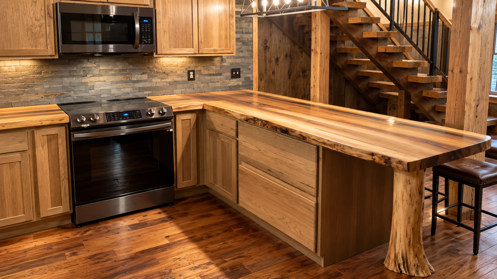 Rustic kitchen with wood cabinetry, black appliances, and a large butcher-block island beside a staircase