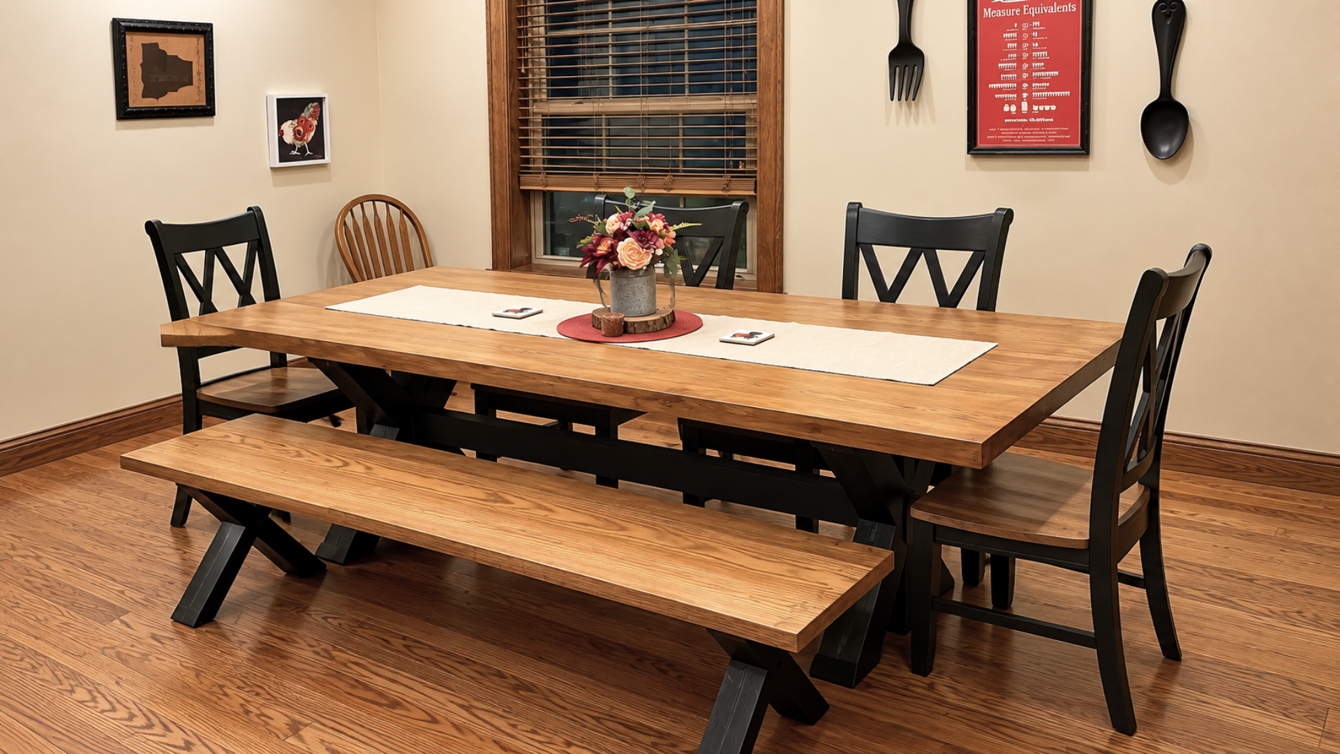 Dining room with a wooden table, bench, and black chairs, set against beige walls and a window, work of Specialty Slabwood Creations